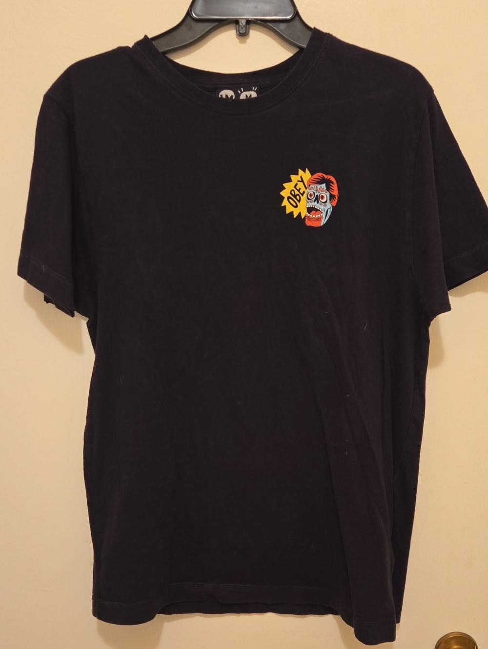Youth Obey Black Short Sleeve Tee with Colorful Skull Patch